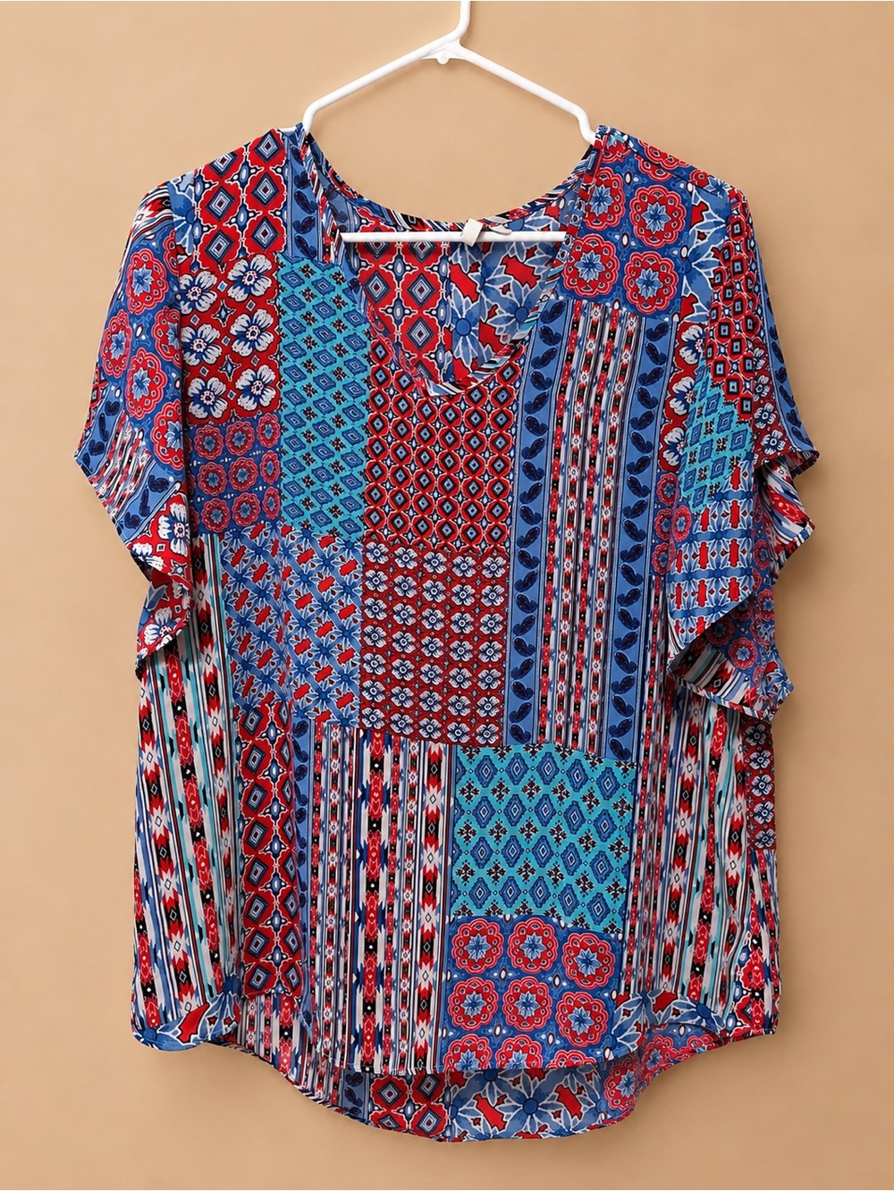 Women's Patchwork V-Neck Blouse in Red & Blue